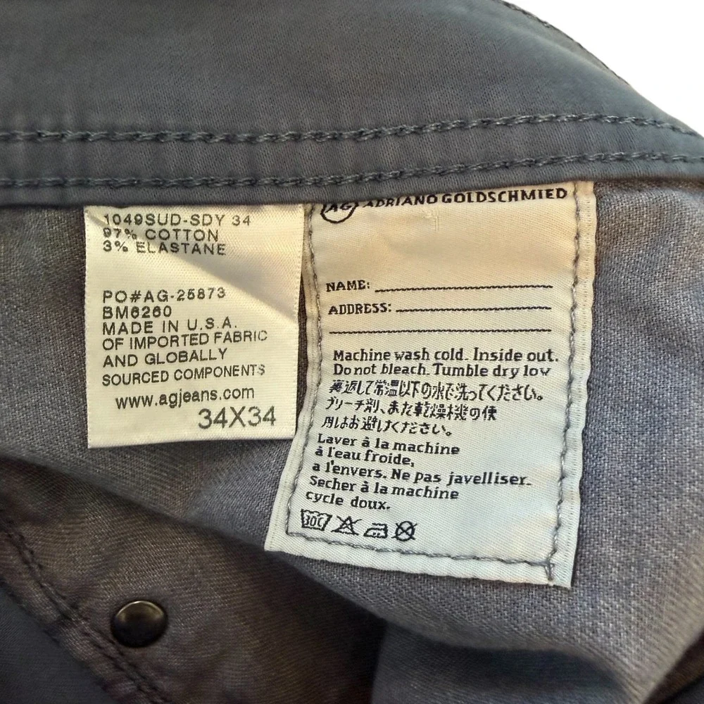 AG Adriano Goldschmied Protege Straight Leg Pants 34x34 Sueded NEW Grey Blue